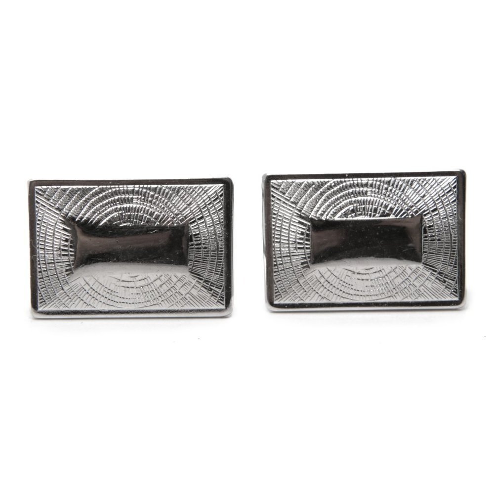 Silver Toned Metal Rectangle Cuff Links Etched Circular Design Classic